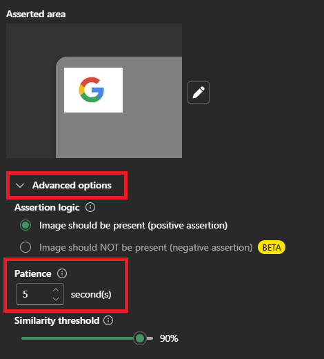 Assert Image tool advanced options with Patience highlighted
