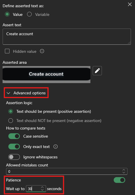 Assert Text tool advanced options with Patience highlighted