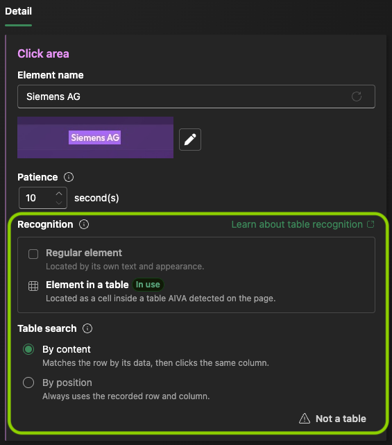 Recognition section in click step detail