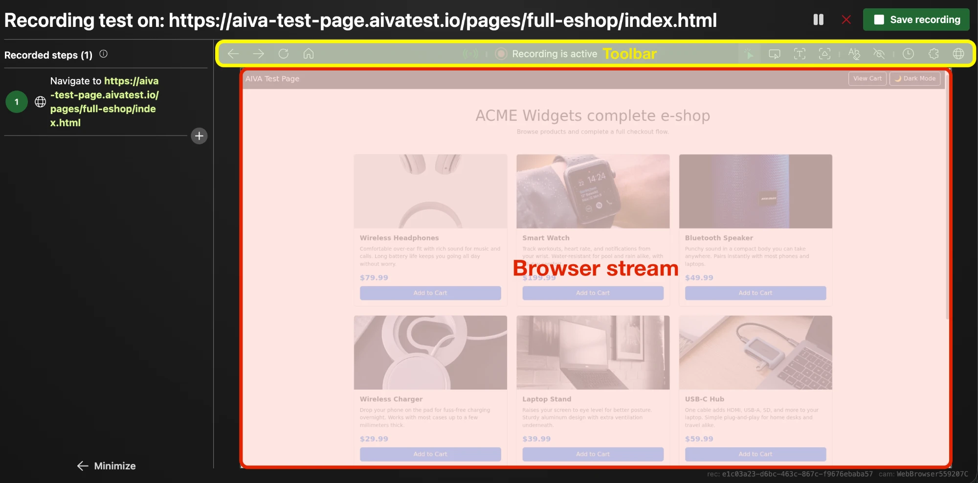 Recording page with the toolbar at the top and the browser stream below it