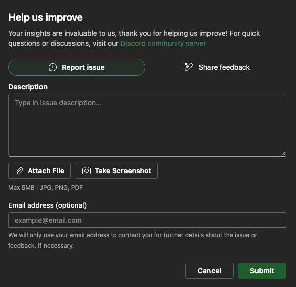 Feedback dialog in AIVA