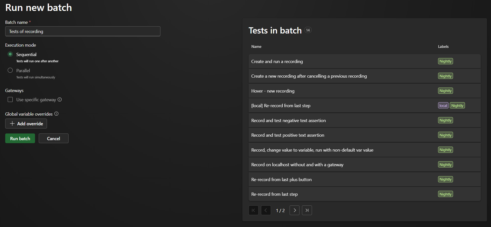 Screenshot Run new batch page in AIVA with list of tests on the right