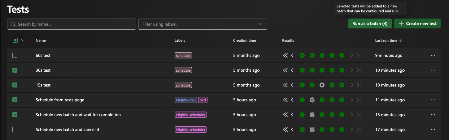 Screenshot of AIVA Tests page with checkboxes for running a batch