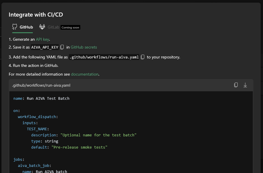 Screenshot of "Integrate with CI/CD" modal dialog in AIVA