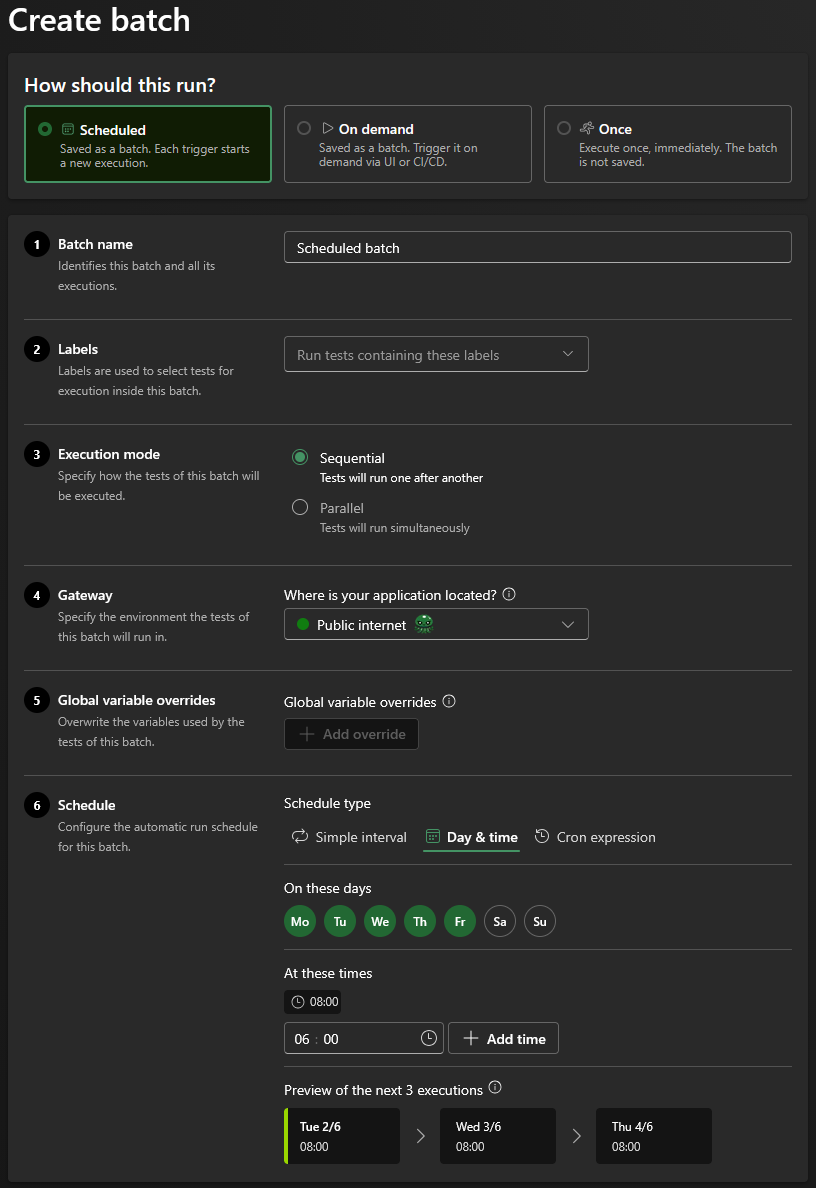 Screenshot of scheduled batch creation