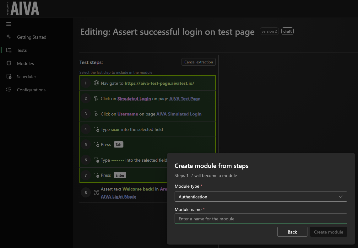 Selecting the steps and naming the new Authentication module