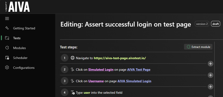 Extract module button in a test's edit mode