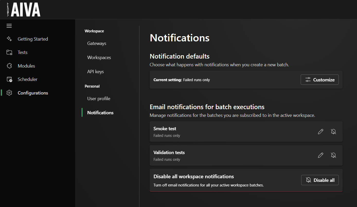 Notification settings in Configurations, with a global default and per-batch configuration