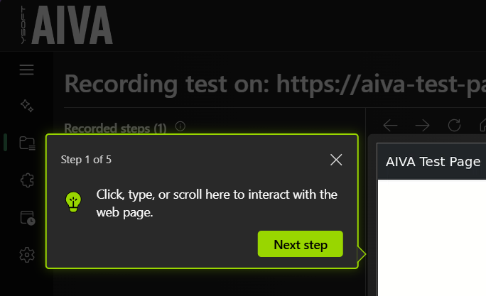 The redesigned tutorial popup in test recording