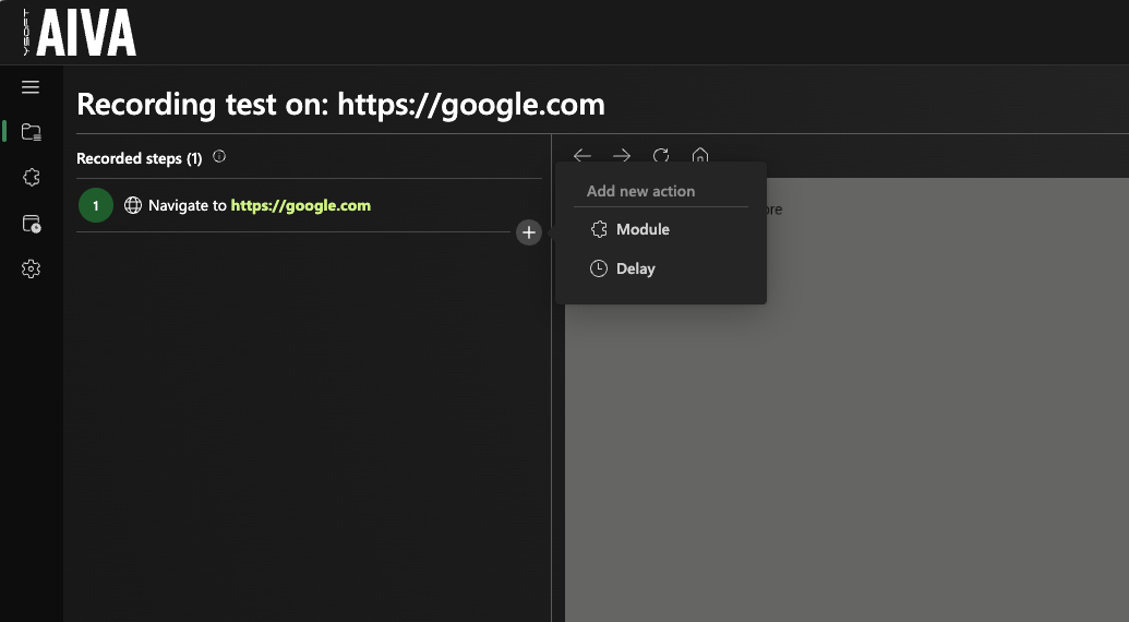 Adding a module during test recording via the + action button