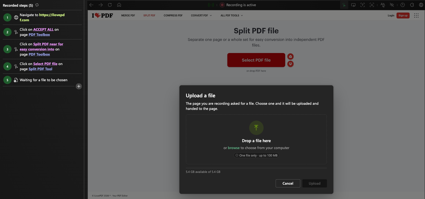 Recording a file upload step: the Upload a file dialog during test recording