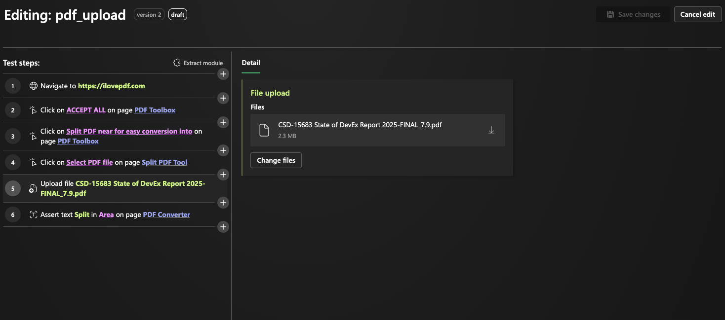 File upload step detail in edit mode, with the file download and the Change files button