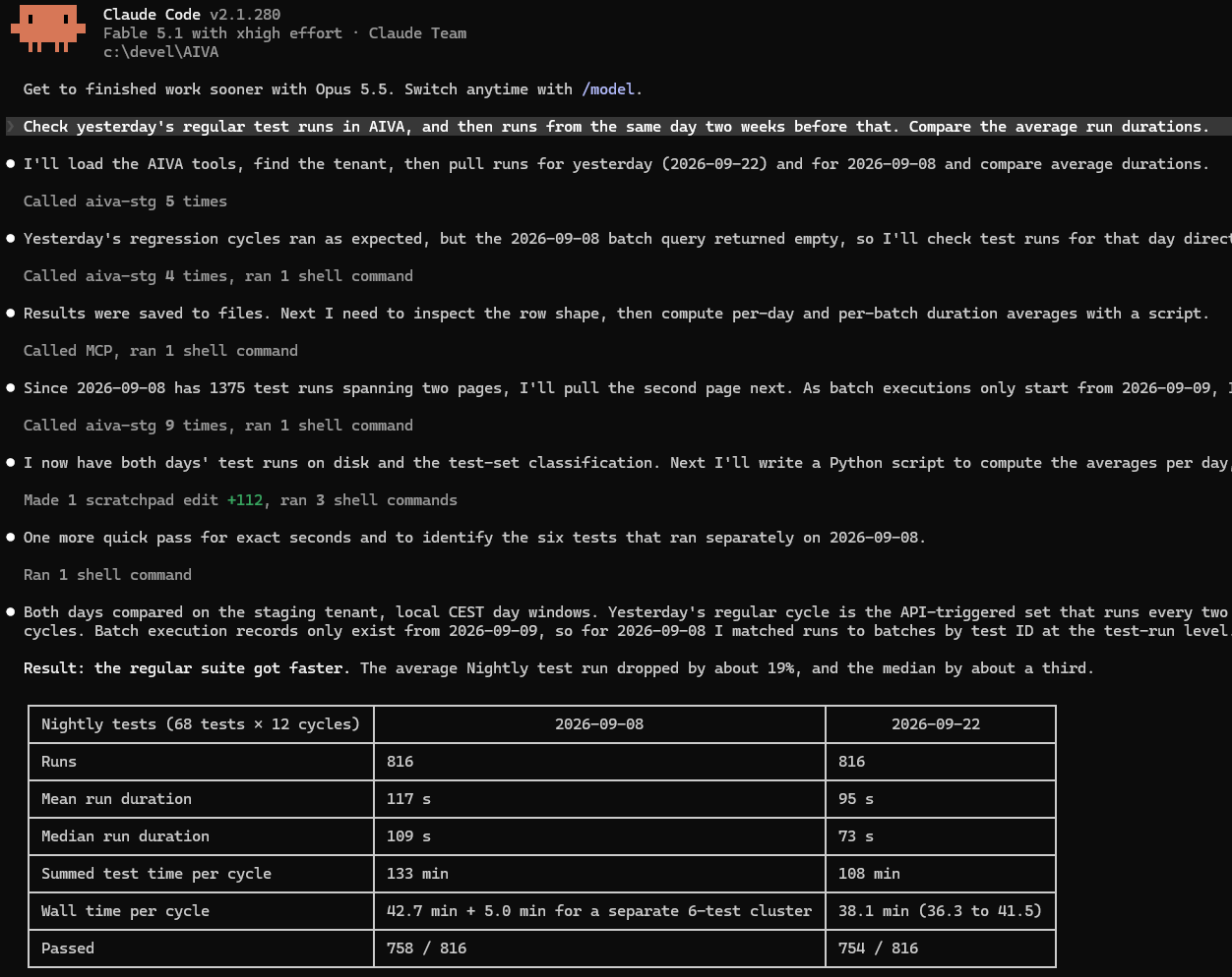 Claude Code comparing AIVA test run durations through the AIVA MCP server