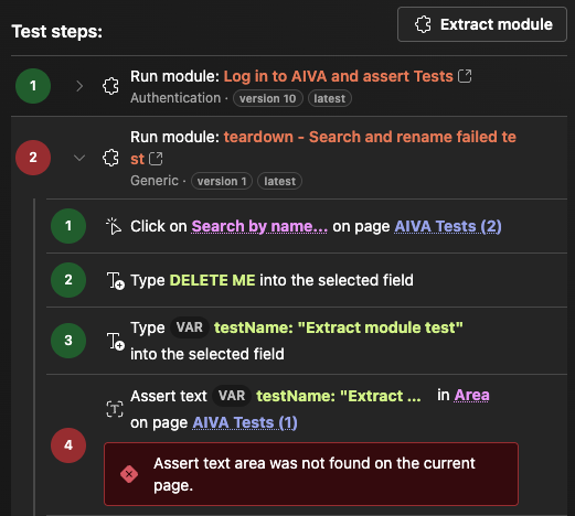 A Run module step expanded in a test result, showing the module's nested steps and the failed assert