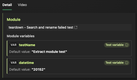Module variables of a Run module step, each bound to a test variable