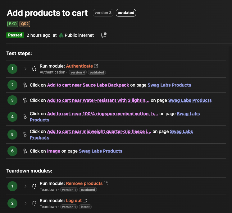 A passed test result with two teardown modules, Remove products and Log out, listed after the test steps