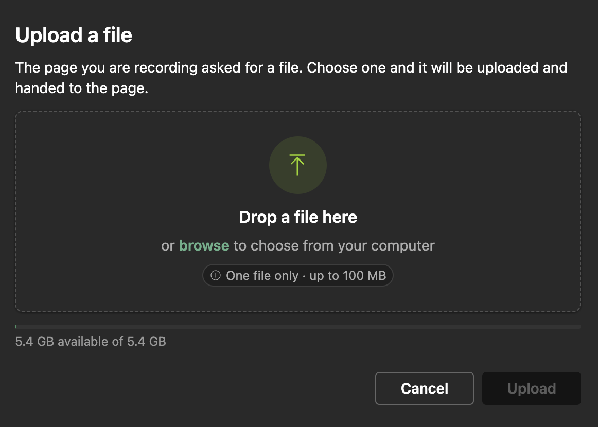Upload modal with a drop area, a browse link and the Upload button